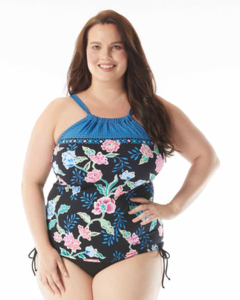 Front of a model wearing a size 16W Blair High Neck Tankini Top in BLACK MLT by Beach House Woman. | dia_product_style_image_id:269119